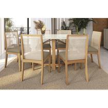 Conjunto Sala de Jantar Elma Premium Madeira Maciça c/ Tampo Madeirado c/ Vidro 170x90cm e 6 Cadeiras Lara Carvalho/Off White - Boucle Bege Fendi-Kapp Conjunto Sala de Jantar Elma Premium Madeira Maciça c/ Tampo Madeirado c/ Vidro 170x90cm e 6 Cadeiras Lara Carvalho/Off White - Boucle Bege Fendi-Kapp