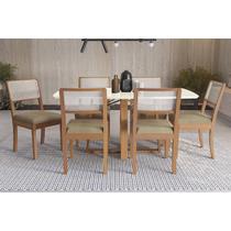 Conjunto Sala de Jantar Elma Premium Madeira Maciça c/ Tampo Madeirado c/ Vidro 170x90cm e 6 Cadeiras Lola Carvalho/Off White - Boucle Bege Fendi-Kapp