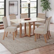 Conjunto Sala de Jantar Érika Mesa 160 cm Canto Arredondado com Vidro 6 Cadeiras Espresso Móveis Off White/Nature/Linho Conjunto Sala de Jantar Érika Mesa 160 cm Canto Arredondado com Vidro 6 Cadeiras Espresso Móveis Off White/Nature/Linho
