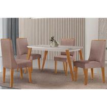 Conjunto Sala de Jantar Havana c/ Tampo Madeirado c/ Vidro Canto Curvo 120x80cm e 4 Cadeiras Dakota Madeira Maciça Naturale/Off White - Capuccino/Linh Conjunto Sala de Jantar Havana c/ Tampo Madeirado c/ Vidro Canto Curvo 120x80cm e 4 Cadeiras Dakota Madeira Maciça Naturale/Off White - Capuccino/Linh