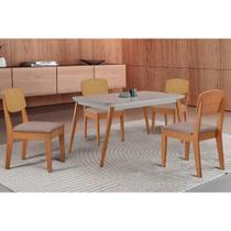 Conjunto Sala de Jantar Havana c/ Tampo Madeirado c/ Vidro Canto Curvo 120x80cm e 4 Cadeiras Havana Premium Naturale/Off White - Linho Capuccino-Rufat Conjunto Sala de Jantar Havana c/ Tampo Madeirado c/ Vidro Canto Curvo 120x80cm e 4 Cadeiras Havana Premium Naturale/Off White - Linho Capuccino-Rufat
