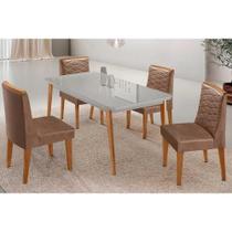 Conjunto Sala de Jantar Havana c/ Tampo Madeirado c/ Vidro Canto Curvo 120x80cm e 4 Cadeiras Maldivas Madeira Maciça Naturale/Off White - Capuccino/Co Conjunto Sala de Jantar Havana c/ Tampo Madeirado c/ Vidro Canto Curvo 120x80cm e 4 Cadeiras Maldivas Madeira Maciça Naturale/Off White - Capuccino/Co
