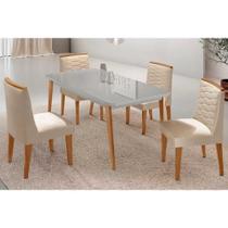 Conjunto Sala de Jantar Havana c/ Tampo Madeirado c/ Vidro Canto Curvo 120x80cm e 4 Cadeiras Maldivas Madeira Maciça Naturale/Off White - Capuccino/Su Conjunto Sala de Jantar Havana c/ Tampo Madeirado c/ Vidro Canto Curvo 120x80cm e 4 Cadeiras Maldivas Madeira Maciça Naturale/Off White - Capuccino/Su