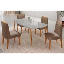 Conjunto Sala de Jantar Havana c/ Tampo Madeirado c/ Vidro Canto Curvo 120x80cm e 4 Cadeiras Maldivas Madeira Maciça Naturale/Off White - Capuccino/Su