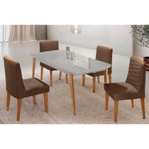 Conjunto Sala de Jantar Havana c/ Tampo Madeirado c/ Vidro Canto Curvo 120x80cm e 4 Cadeiras Maldivas Madeira Maciça Naturale/Off White - Capuccino/Su Conjunto Sala de Jantar Havana c/ Tampo Madeirado c/ Vidro Canto Curvo 120x80cm e 4 Cadeiras Maldivas Madeira Maciça Naturale/Off White - Capuccino/Su