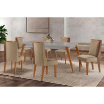 Conjunto Sala de Jantar Havana c/ Tampo Madeirado c/ Vidro Canto Curvo 180x90cm e 6 Cadeiras Tilia Madeira Maciça Naturale/Off White - Capuccino/Linho Conjunto Sala de Jantar Havana c/ Tampo Madeirado c/ Vidro Canto Curvo 180x90cm e 6 Cadeiras Tilia Madeira Maciça Naturale/Off White - Capuccino/Linho