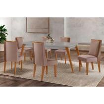 Conjunto Sala de Jantar Havana c/ Tampo Madeirado c/ Vidro Canto Curvo 180x90cm e 6 Cadeiras Tilia Madeira Maciça Naturale/Off White - Capuccino/Linho Conjunto Sala de Jantar Havana c/ Tampo Madeirado c/ Vidro Canto Curvo 180x90cm e 6 Cadeiras Tilia Madeira Maciça Naturale/Off White - Capuccino/Linho