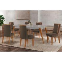 Conjunto Sala de Jantar Havana c/ Tampo Madeirado c/ Vidro Canto Curvo 180x90cm e 6 Cadeiras Tilia Madeira Maciça Naturale/Off White - Capuccino/Suede Conjunto Sala de Jantar Havana c/ Tampo Madeirado c/ Vidro Canto Curvo 180x90cm e 6 Cadeiras Tilia Madeira Maciça Naturale/Off White - Capuccino/Suede