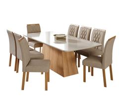 Conjunto Sala de Jantar Helena 210X100 Tampo em MDF/Vidro 8 Cadeiras Juliana Cimol Nature/Off White/Madeira/Nude Conjunto Sala de Jantar Helena 210X100 Tampo em MDF/Vidro 8 Cadeiras Juliana Cimol Nature/Off White/Madeira/Nude