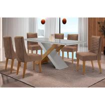 Conjunto Sala de Jantar Imperatriz c/ Tampo Madeirado c/ Vidro Canto Curvo 180X90cm e 6 Cadeiras Maldivas Naturale/Off White - Corano Capuccino-Rufato