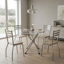 Conjunto Sala de Jantar Kappesberg 4 Cadeiras de Metal Cromadas com Assento Estofado, Mesa Redonda, Tampo de Vidro e Base Cromada