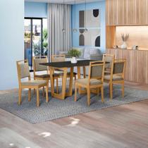 Conjunto Sala de Jantar Lina em Madeira Maciça 6 Cadeiras Boucle Bege Conjunto Sala de Jantar Lina em Madeira Maciça 6 Cadeiras Boucle Bege