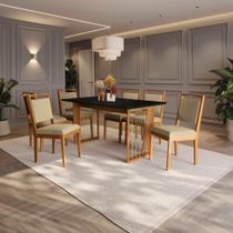 Conjunto Sala de Jantar Lina em Madeira Maciça 6 Cadeiras Boucle Bege Conjunto Sala de Jantar Lina em Madeira Maciça 6 Cadeiras Boucle Bege