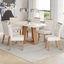Conjunto Sala de Jantar Lins 160 Cm Canto Reto com Vidro 6 Cadeiras Nature/Off White e Linho