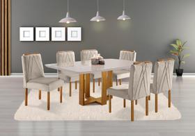Conjunto Sala de Jantar Lisy 6 Lugares Madeira Maciça Tampo Com Vidro Veludo Bege
