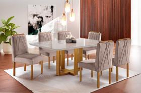 Conjunto Sala de Jantar Lisy 6 Lugares Mesa e Cadeiras Madeira Maciça Veludo Nude