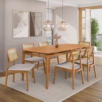 Conjunto Sala de Jantar Madeira Maciça - Mesa 1,60 Laminada 6 Cadeiras Estofadas Encosto Tela