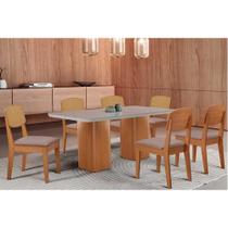 Conjunto Sala de Jantar Maldivas c/ Tampo Madeirado c/ Vidro Canto Curvo 180x90cm e 6 Cadeiras Havana Premium Naturale/Off White - Linho Capuccino-Ruf Conjunto Sala de Jantar Maldivas c/ Tampo Madeirado c/ Vidro Canto Curvo 180x90cm e 6 Cadeiras Havana Premium Naturale/Off White - Linho Capuccino-Ruf