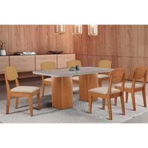 Conjunto Sala de Jantar Maldivas c/ Tampo Madeirado c/ Vidro Canto Curvo 180x90cm e 6 Cadeiras Havana Premium Naturale/Off White - Suede Capuccino-Ruf