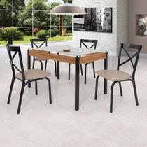 Conjunto Sala de Jantar Mesa 120cm X 77cm Tampo Vidro com 4 Cadeiras Karina Preto Fosco / Bege