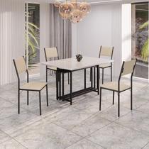 Conjunto Sala de Jantar Mesa 120cm X 90cm Base Pérola Tampo Mdf Laca com Vidro Florença Creme / Preto