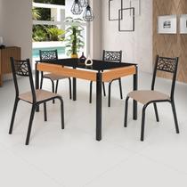Conjunto Sala de Jantar Mesa 120x77cm Tampo Vidro com 4 Cadeiras Jade Preto Fosco / Bege