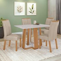 Conjunto Sala de Jantar Mesa 120x80cm Tampo Vidro/MDF 4 Cadeiras Linho Bege Amendoa Clean/off White