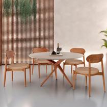 Conjunto Sala de Jantar Mesa 135cm Tampo Redondo Texturizado e 4 Cadeiras Hope Palha / Imbuia Natural / Off White Conjunto Sala de Jantar Mesa 135cm Tampo Redondo Texturizado e 4 Cadeiras Hope Palha / Imbuia Natural / Off White