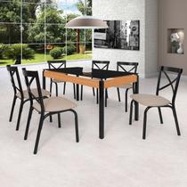 Conjunto Sala de Jantar Mesa 140cm X 77cm Tampo Vidro com 6 Cadeiras Karina Preto Fosco / Bege