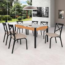 Conjunto Sala de Jantar Mesa 140cm X 77cm Tampo Vidro com 6 Cadeiras Karina Preto Fosco / Bege