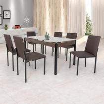 Conjunto Sala de Jantar Mesa 140x80cm Tampo Vidro com 6 Cadeiras Dubai Marrom/Preto Fosco/Linho