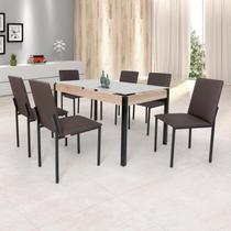 Conjunto Sala de Jantar Mesa 140x80cm Tampo Vidro com 6 Cadeiras Dubai Marrom/Preto Fosco/Linho