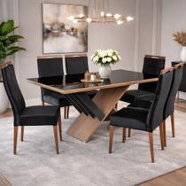 Conjunto Sala de Jantar Mesa 154cm com Tampo de Vidro Madri com 6 Cadeiras Grécia Madetal Conjunto Sala de Jantar Mesa 154cm com Tampo de Vidro Madri com 6 Cadeiras Grécia Madetal