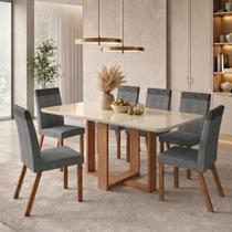 Conjunto Sala de Jantar Mesa 160cm Sonia com 6 Cadeiras Estofadas em Linho e Madeira Maciça Alice Móveis Zamarchi Conjunto Sala de Jantar Mesa 160cm Sonia com 6 Cadeiras Estofadas em Linho e Madeira Maciça Alice Móveis Zamarchi
