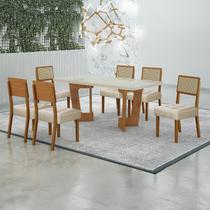 Conjunto Sala de Jantar Mesa 160cm Tampo de 4 cm com 6 Cadeiras Liz Bege/Cinamomo/Off White/Linho