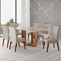 Conjunto Sala de Jantar Mesa 160x79,2cm Tampo com Vidro 6 Cadeiras Riviera Yescasa Bege/Mel/Off White Conjunto Sala de Jantar Mesa 160x79,2cm Tampo com Vidro 6 Cadeiras Riviera Yescasa Bege/Mel/Off White