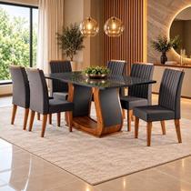 Conjunto Sala de Jantar Mesa 160x80cm Tampo com Vidro 6 Cadeiras Inspirare Yescasa Cinza/Mel - Viero