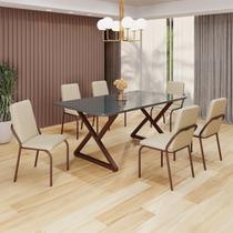 Conjunto Sala de Jantar Mesa 160x90cm Base Império Tampo MDF Laca com Vidro Malibu Marrom/Creme Conjunto Sala de Jantar Mesa 160x90cm Base Império Tampo MDF Laca com Vidro Malibu Marrom/Creme