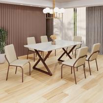 Conjunto Sala de Jantar Mesa 160x90cm Base Império Tampo MDF Laca com Vidro Malibu Marrom/Creme Conjunto Sala de Jantar Mesa 160x90cm Base Império Tampo MDF Laca com Vidro Malibu Marrom/Creme