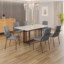 Conjunto Sala de Jantar Mesa 160x90cm Base Pérola Tampo MDF Laca com Vidro Malibu Marrom/Grafite/Off White Conjunto Sala de Jantar Mesa 160x90cm Base Pérola Tampo MDF Laca com Vidro Malibu Marrom/Grafite/Off White