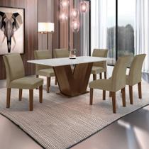 Conjunto Sala de Jantar Mesa 6 Cadeiras MDF Espanha Yescasa Marrom Chocolate/Off White/Veludo Bege Escuro Conjunto Sala de Jantar Mesa 6 Cadeiras MDF Espanha Yescasa Marrom Chocolate/Off White/Veludo Bege Escuro