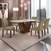 Conjunto Sala de Jantar Mesa 6 Cadeiras Tampo de Vidro Espanha Yescasa Marrom Chocolate/Off White/Bege