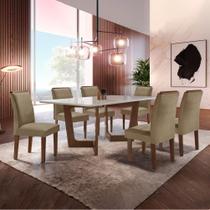 Conjunto Sala de Jantar Mesa 6 Cadeiras Vidro e MDF Nápoles Luísa Chocolate/Off White/Veludo Bege Escuro Conjunto Sala de Jantar Mesa 6 Cadeiras Vidro e MDF Nápoles Luísa Chocolate/Off White/Veludo Bege Escuro