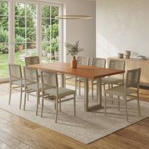 Conjunto Sala de Jantar Mesa 8 Cadeiras Tampo de Madeira Maciça Pinus Ravena Viena Bege Corda Rami/Pérola