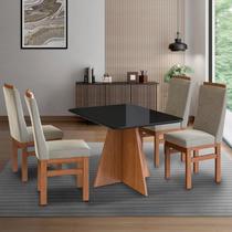 Conjunto Sala de Jantar Mesa 90x120cm Tampo de Vidro com 4 Cadeiras Madeira Maciça Bege/Cenela/Preto/Creme