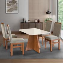 Conjunto Sala de Jantar Mesa 90x120cm Tampo Vidro com 4 Cadeiras Madeira Maciça Bege/Canela/Off White