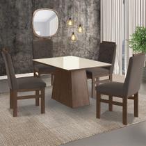 Conjunto Sala de Jantar Mesa 90x120cm Tampo Vidro com 4 Cadeiras Madeira Maciça Tecido Joli Marrom/Tabaco/Off White
