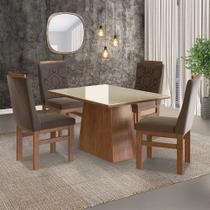 Conjunto Sala De Jantar Mesa 90X120Cm Tampo Vidro Com 4 Cadeiras Madeira Maciça Tecido Joli