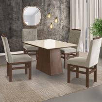 Conjunto Sala De Jantar Mesa 90X120Cm Tampo Vidro Com 4 Cadeiras Madeira Maciça Tecido Joli