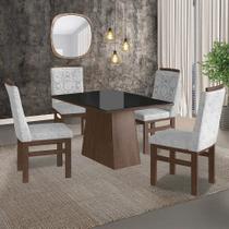 Conjunto Sala De Jantar Mesa 90X120Cm Tampo Vidro Com 4 Cadeiras Madeira Maciça Tecido Linho